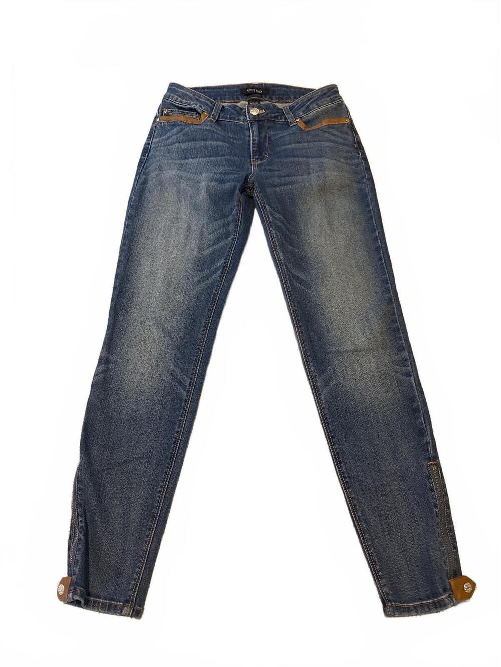 WHBM The Skimmer Skinny Jeans Faux Leather Trim Ankle Zip Medium Wash Women Sz 4